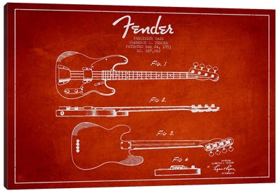Fender Guitar Red Patent Blueprint Canvas Art Print - Aged Pixel: Music