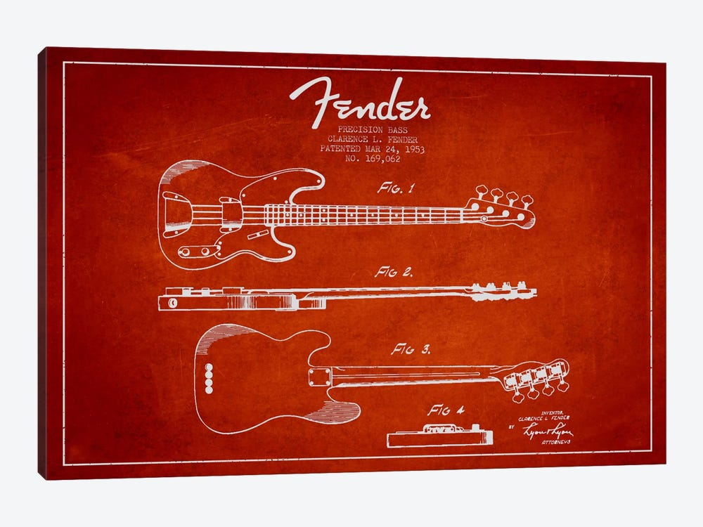 Fender Guitar Red Patent Blueprint by Aged Pixel 1-piece Canvas Art