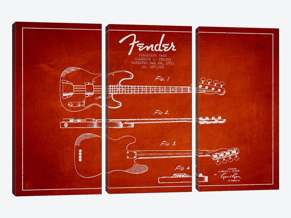 Fender Guitar Red Patent Blueprint by Aged Pixel 3-piece Canvas Wall Art