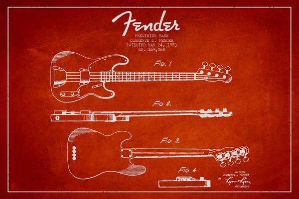 Aged Pixel: Fender Guitar Red Patent Blueprint by Aged Pixel