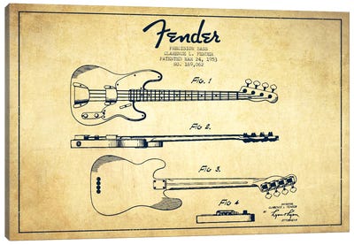 Fender Guitar Vintage Patent Blueprint Canvas Art Print - Aged Pixel