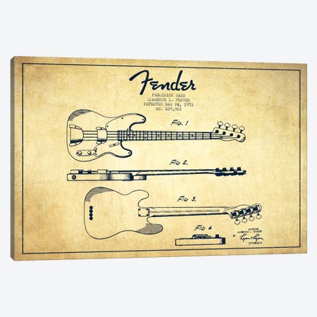 Fender Guitar Vintage Patent Blueprint Canvas Print #ADP1003} by Aged Pixel Canvas Wall Art