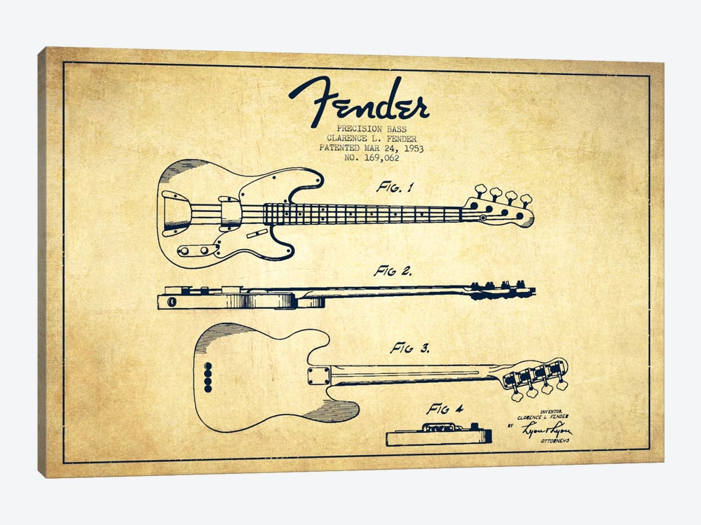 Fender Guitar Vintage Patent Blueprint by Aged Pixel 1-piece Canvas Print