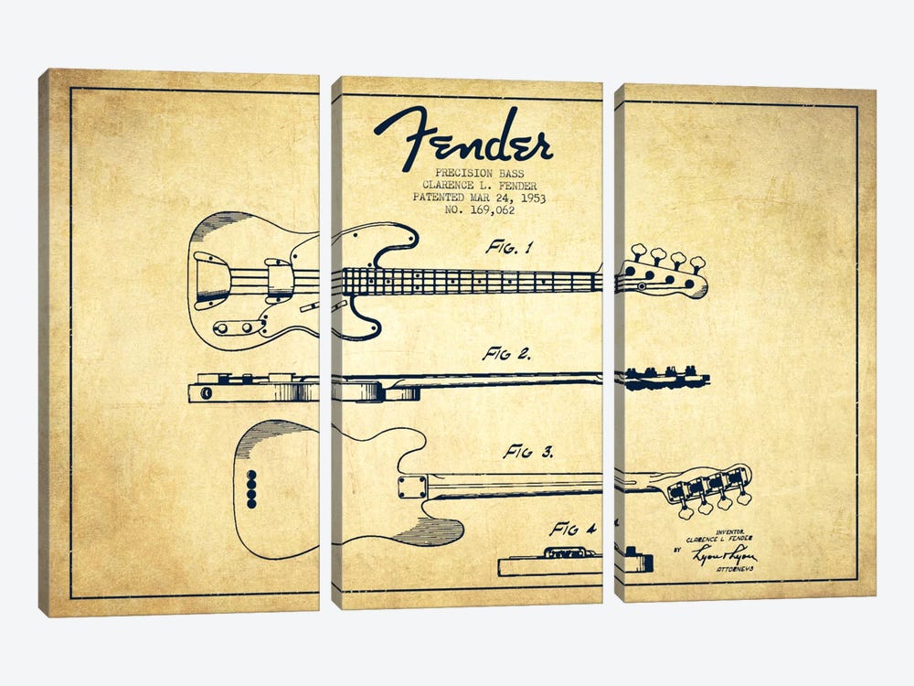 Fender Guitar Vintage Patent Blueprint 3-piece Canvas Print