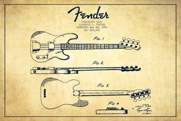 Aged Pixel: Fender Guitar Vintage Patent Blueprint by Aged Pixel