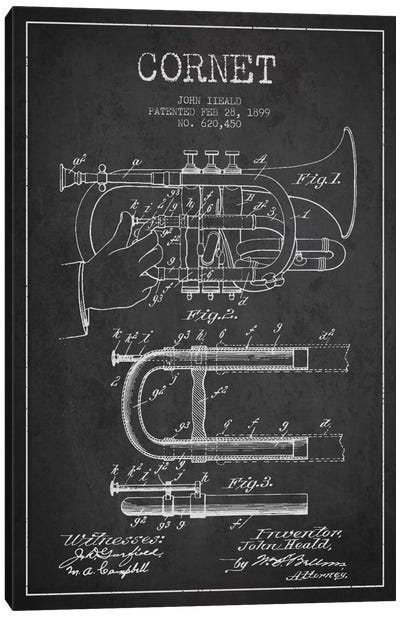 Cornet Charcoal Patent Blueprint Canvas Art Print - Trumpet Art