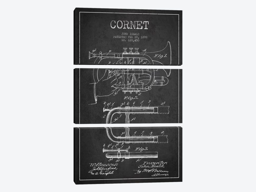 Cornet Charcoal Patent Blueprint by Aged Pixel 3-piece Canvas Art