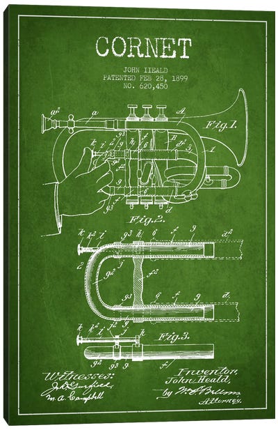 Cornet Green Patent Blueprint Canvas Art Print - Music Blueprints