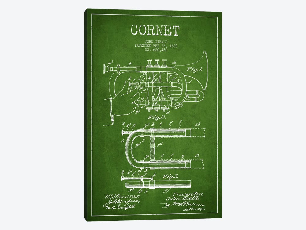 Cornet Green Patent Blueprint by Aged Pixel 1-piece Canvas Art Print
