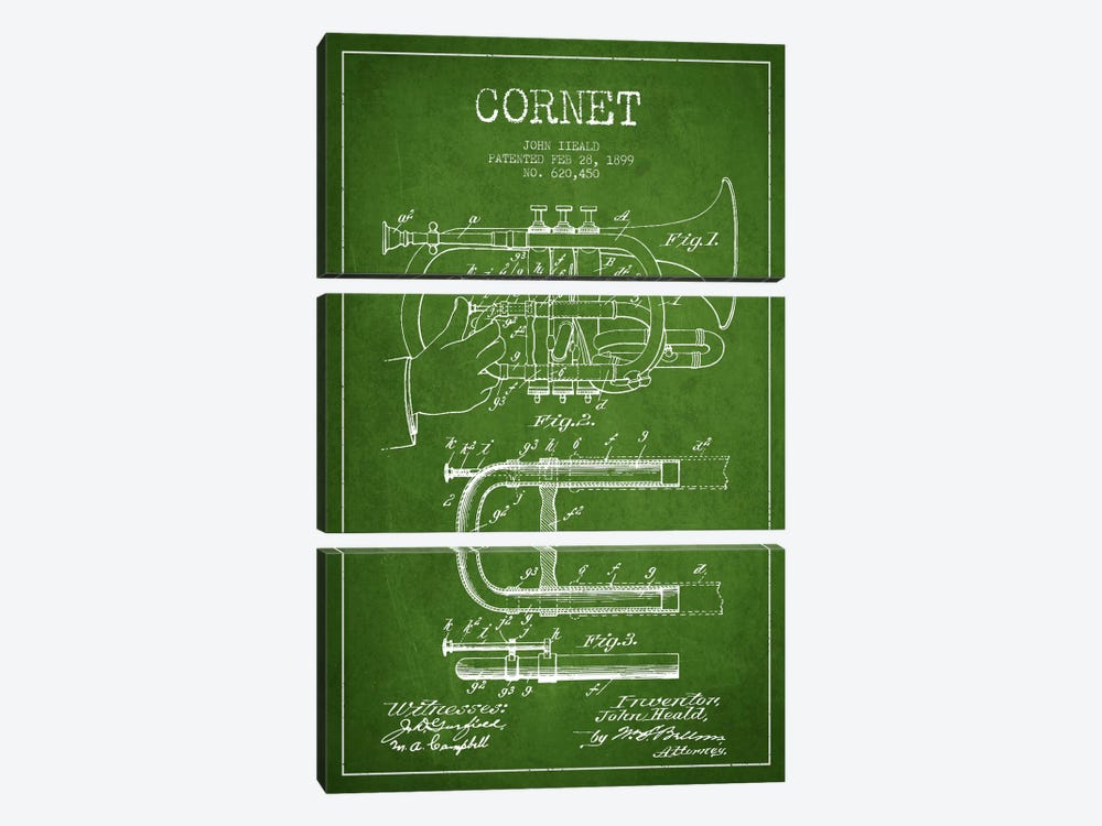 Cornet Green Patent Blueprint by Aged Pixel 3-piece Art Print