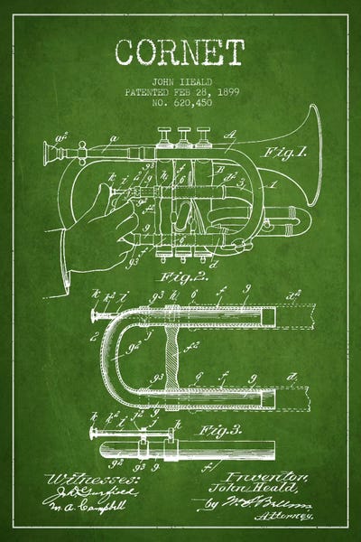 Trumpets: Cornet Green Patent Blueprint by Aged Pixel