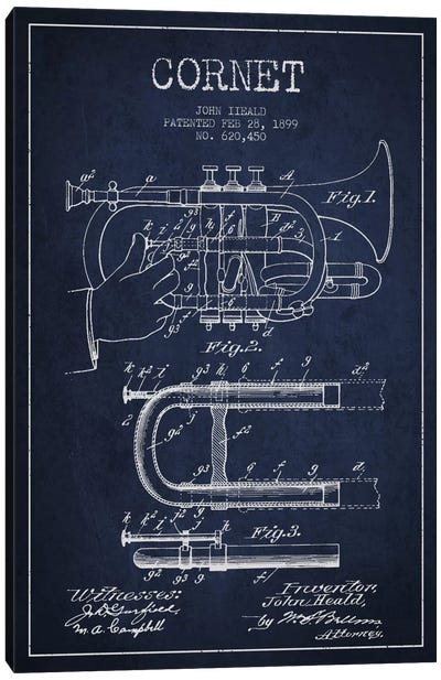 Cornet Navy Blue Patent Blueprint Canvas Art Print - Trumpet Art