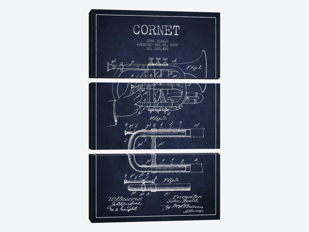 Cornet Navy Blue Patent Blueprint by Aged Pixel 3-piece Canvas Artwork