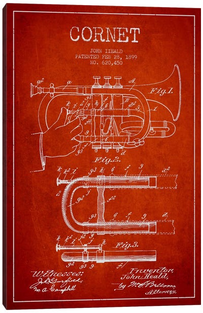 Cornet Red Patent Blueprint Canvas Art Print - Music Blueprints