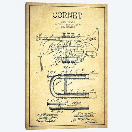 Cornet Vintage Patent Blueprint Canvas Print #ADP1008} by Aged Pixel Canvas Art