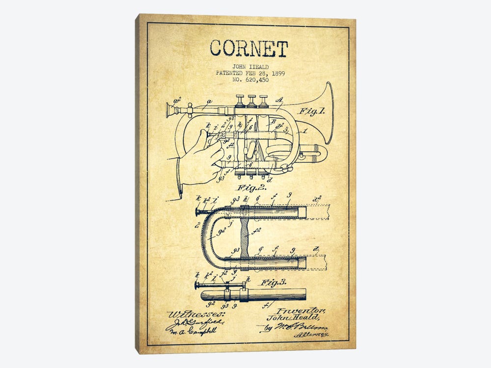 Cornet Vintage Patent Blueprint by Aged Pixel 1-piece Canvas Wall Art