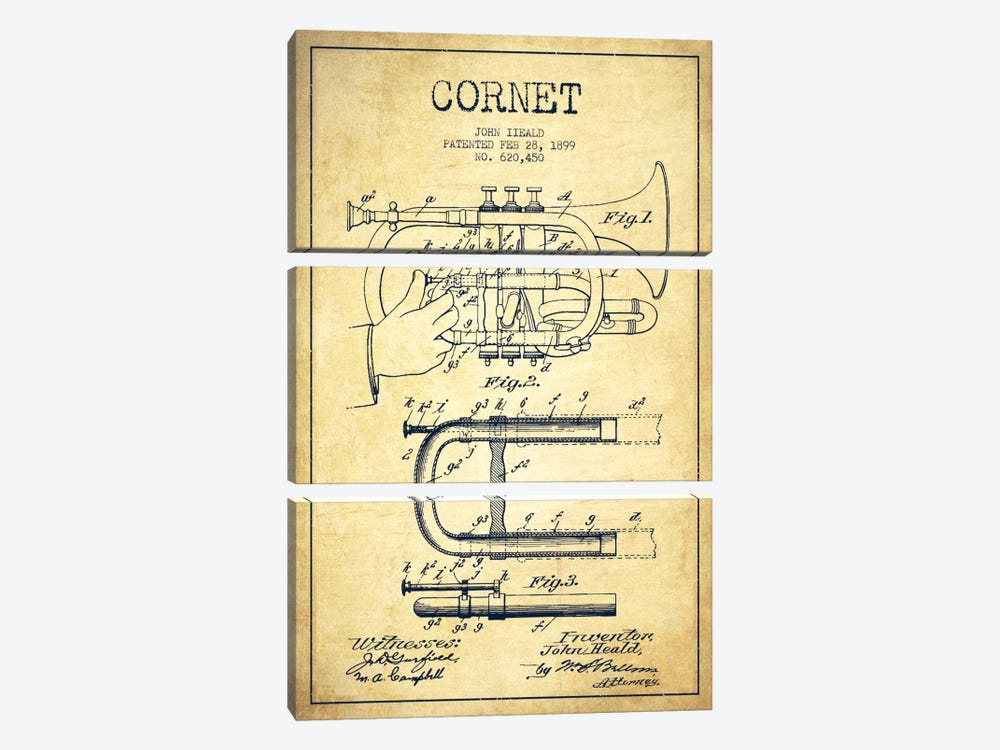 Cornet Vintage Patent Blueprint by Aged Pixel 3-piece Canvas Wall Art