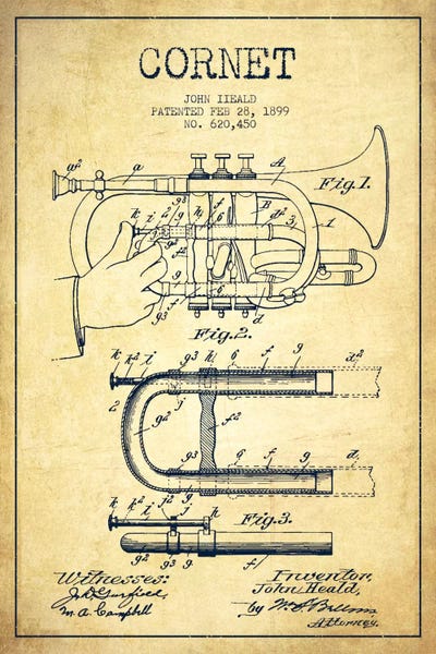 Music Blueprints: Cornet Vintage Patent Blueprint by Aged Pixel