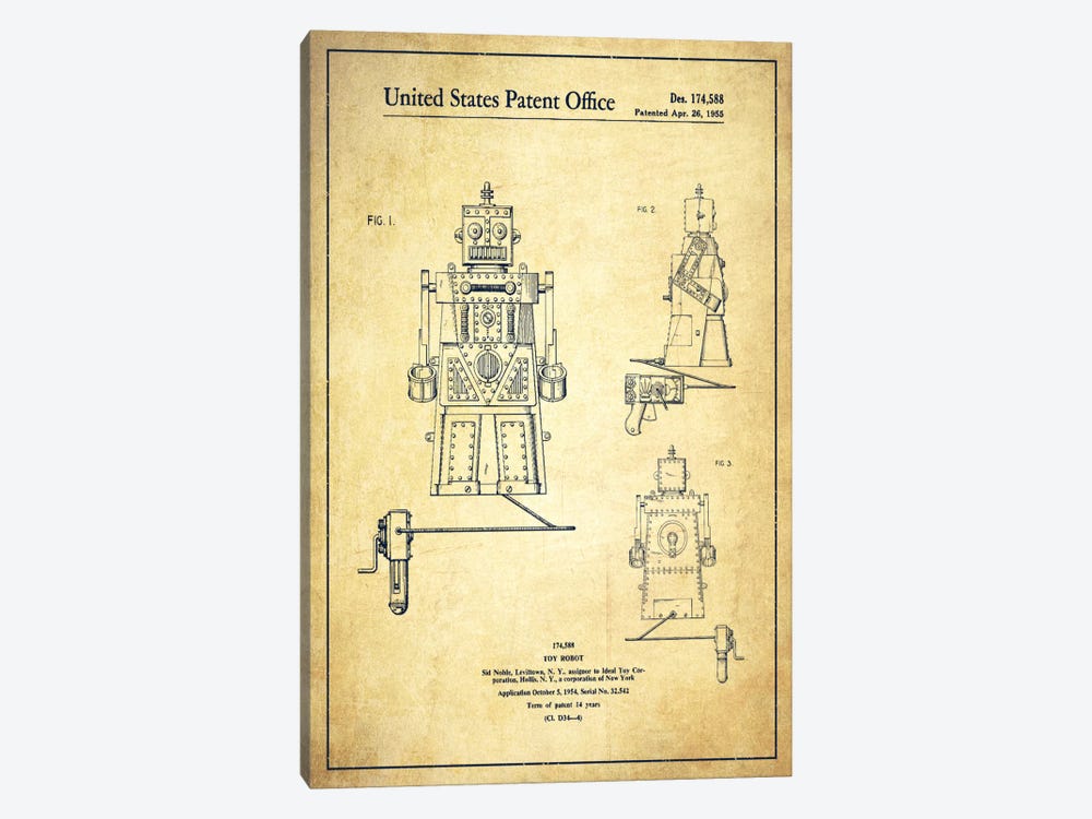 Toy Robot Vintage Patent Blueprint by Aged Pixel 1-piece Canvas Art