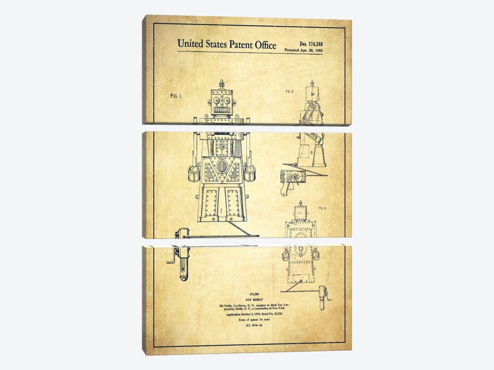 Toy Robot Vintage Patent Blueprint by Aged Pixel 3-piece Canvas Wall Art