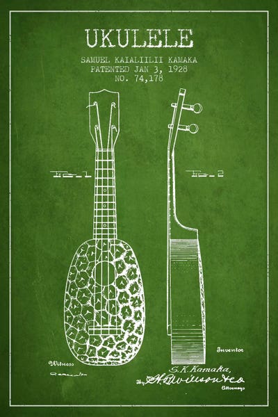 Ukulele Green Patent Blueprint by Aged Pixel canvas print