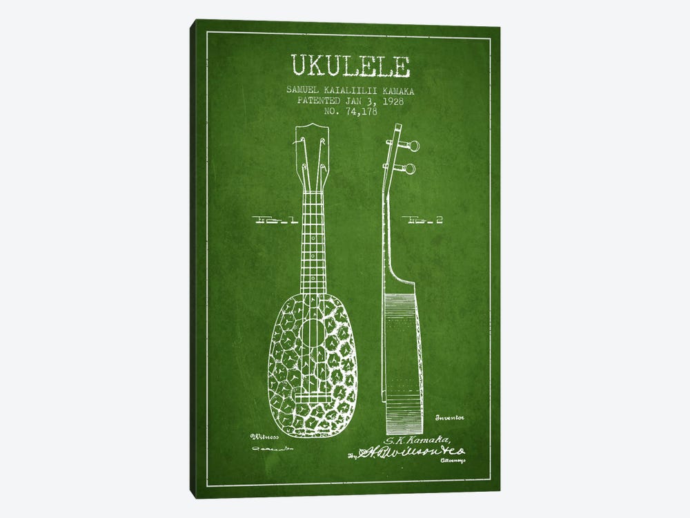 Ukulele Green Patent Blueprint by Aged Pixel 1-piece Canvas Print