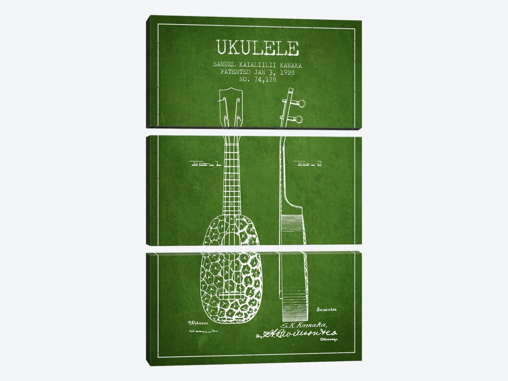 Ukulele Green Patent Blueprint by Aged Pixel 3-piece Canvas Print