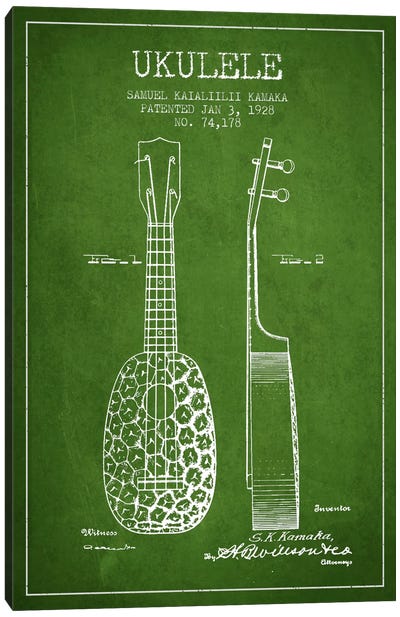 Ukulele Green Patent Blueprint Canvas Art Print - Aged Pixel: Music