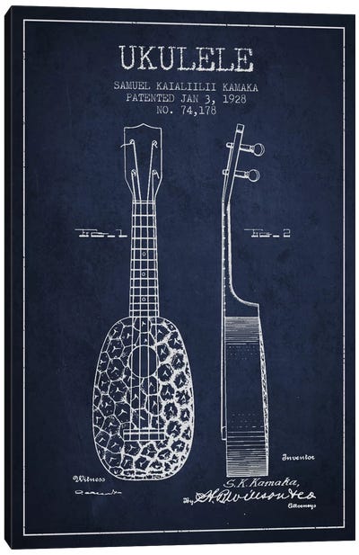 Ukulele Navy Blue Patent Blueprint Canvas Art Print - Aged Pixel: Music