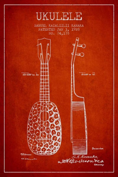 Ukulele Red Patent Blueprint by Aged Pixel metal wall art