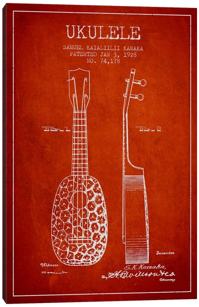 Ukulele Red Patent Blueprint Canvas Art Print - Aged Pixel: Music