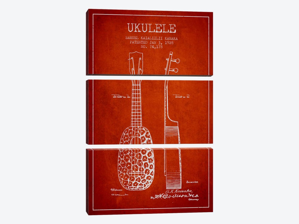 Ukulele Red Patent Blueprint by Aged Pixel 3-piece Art Print