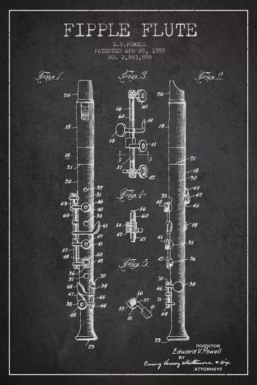 Fipple Flute Charcoal Patent Blueprint by Aged Pixel wall art