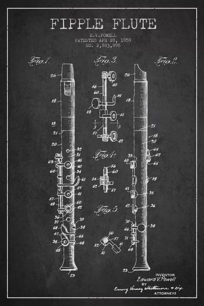 Music Blueprints: Fipple Flute Charcoal Patent Blueprint by Aged Pixel