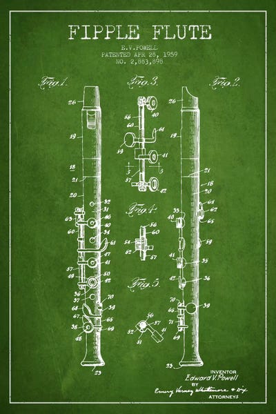 Fipple Flute Green Patent Blueprint by Aged Pixel metal wall art