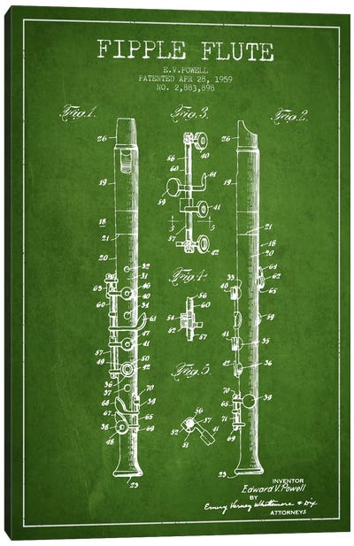 Fipple Flute Green Patent Blueprint Canvas Art Print - Aged Pixel: Music