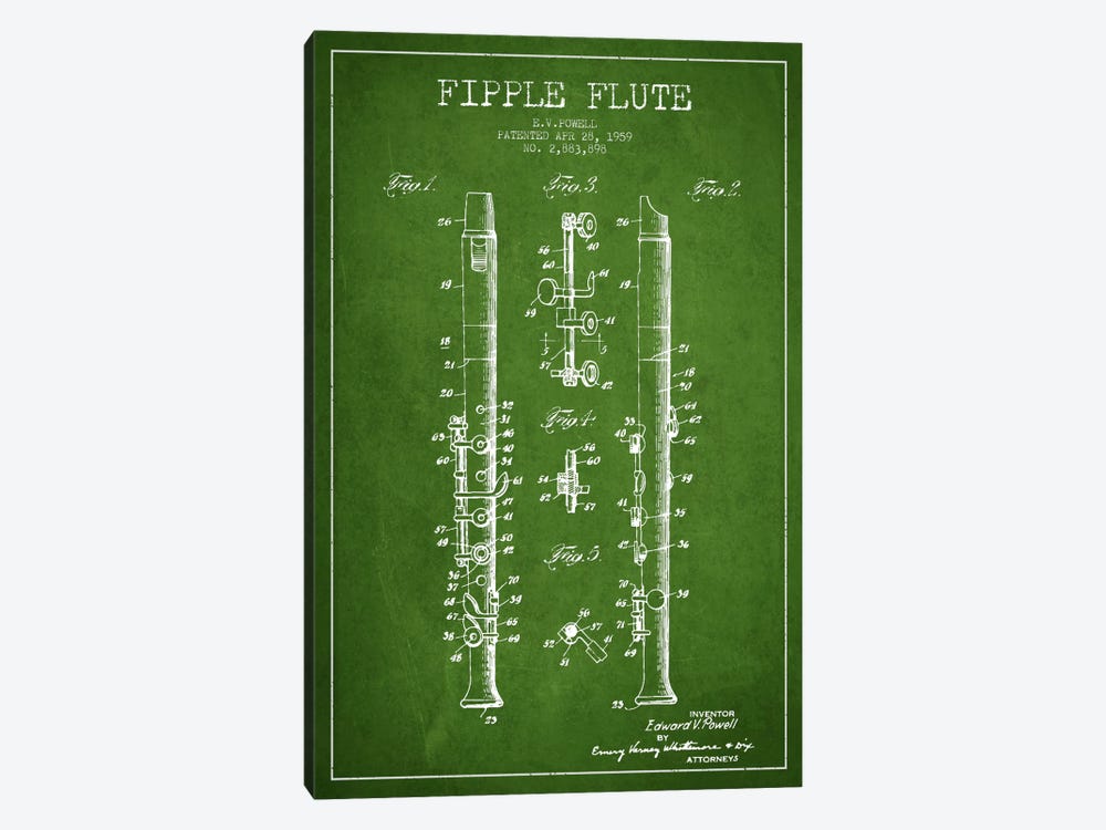 Fipple Flute Green Patent Blueprint by Aged Pixel 1-piece Canvas Artwork