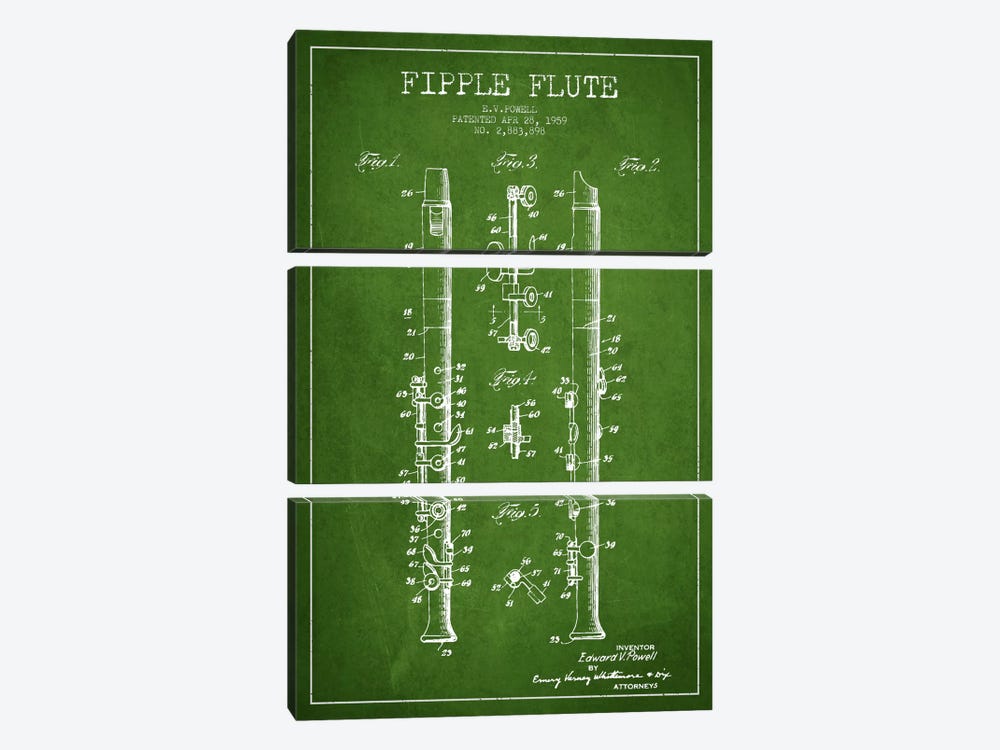 Fipple Flute Green Patent Blueprint by Aged Pixel 3-piece Canvas Wall Art