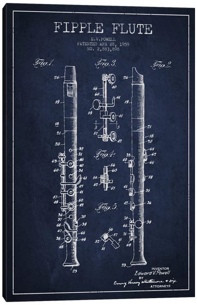 Fipple Flute Navy Blue Patent Blueprint Canvas Art Print - Music Blueprints