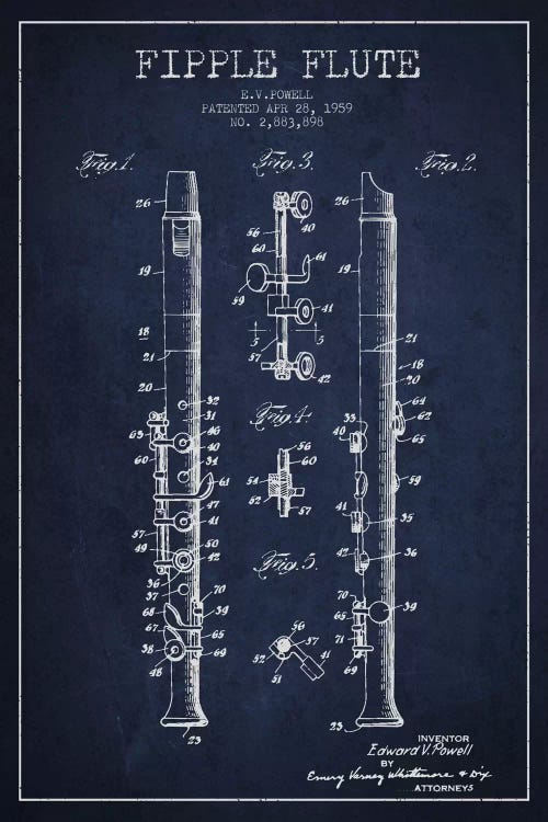 Fipple Flute Navy Blue Patent Blueprint by Aged Pixel wall art