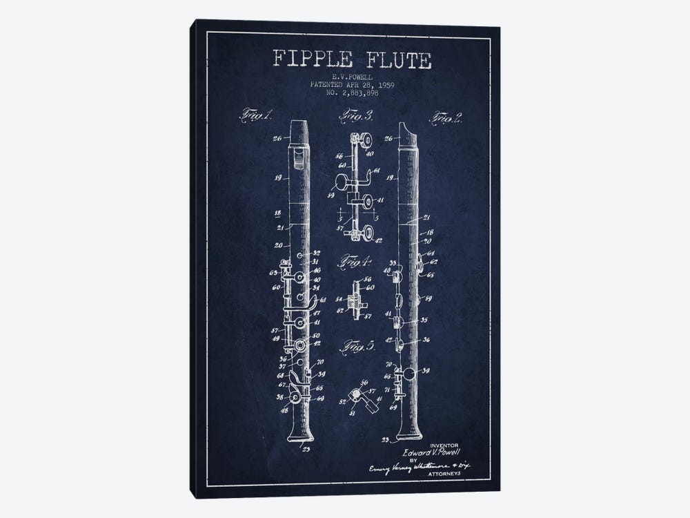 Fipple Flute Navy Blue Patent Blueprint by Aged Pixel 1-piece Art Print