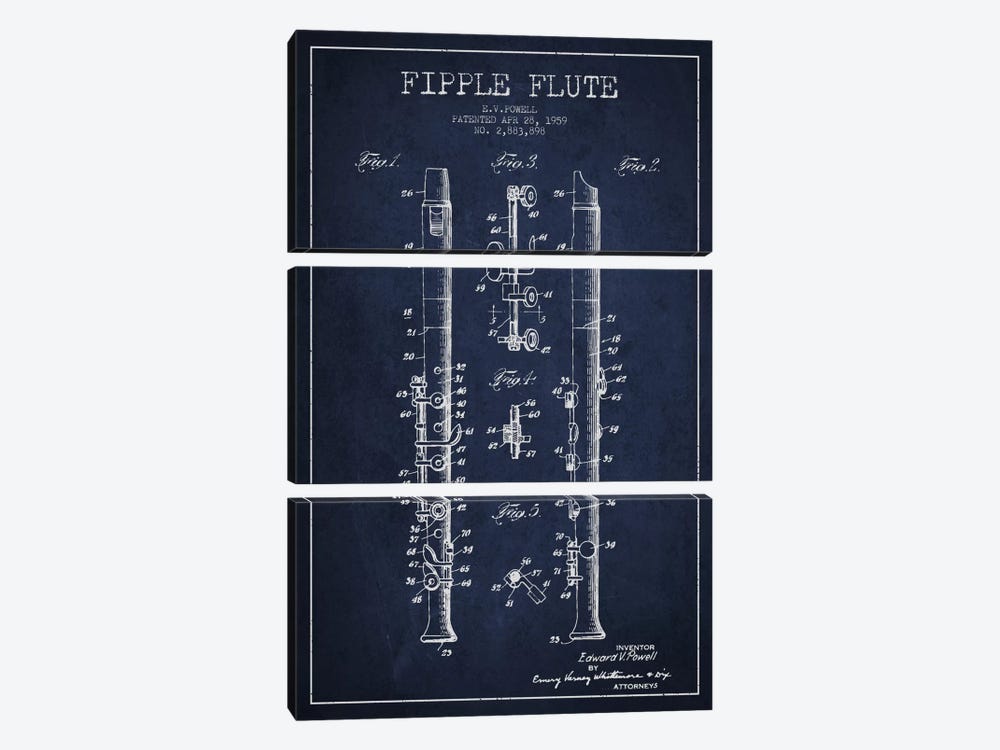 Fipple Flute Navy Blue Patent Blueprint by Aged Pixel 3-piece Canvas Art Print