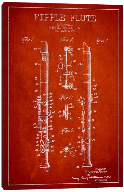 Fipple Flute Red Patent Blueprint Canvas Art Print - Music Blueprints