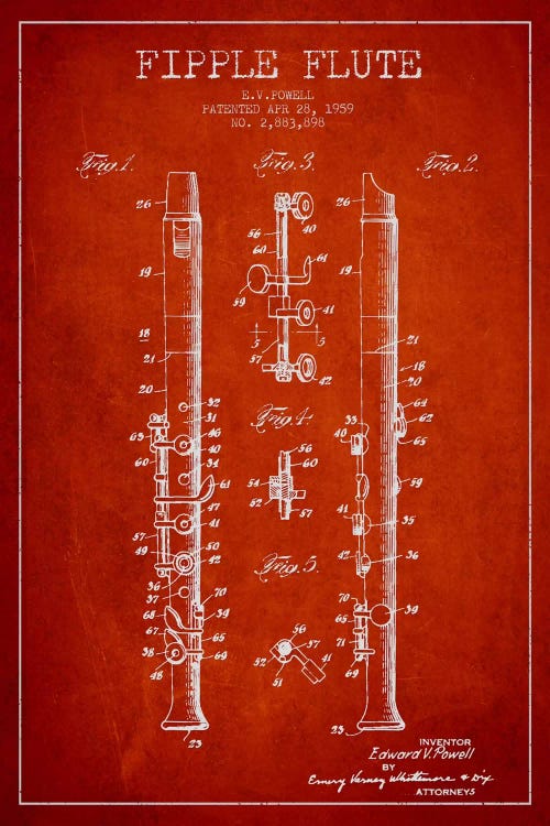 Fipple Flute Red Patent Blueprint by Aged Pixel wall art