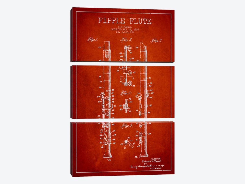 Fipple Flute Red Patent Blueprint by Aged Pixel 3-piece Canvas Artwork
