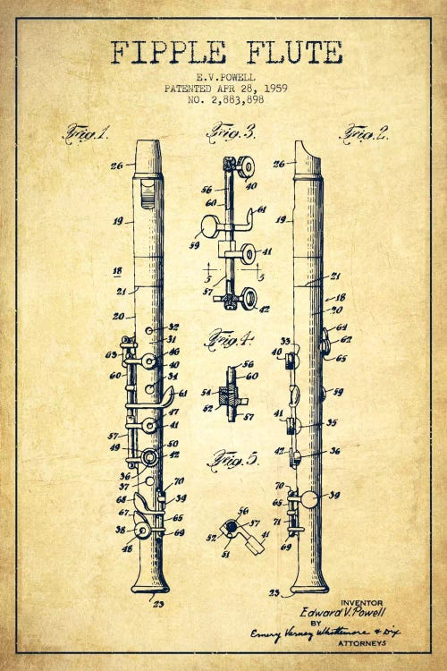 Fipple Flute Vintage Patent Blueprint