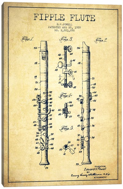 Fipple Flute Vintage Patent Blueprint Canvas Art Print - Music Blueprints