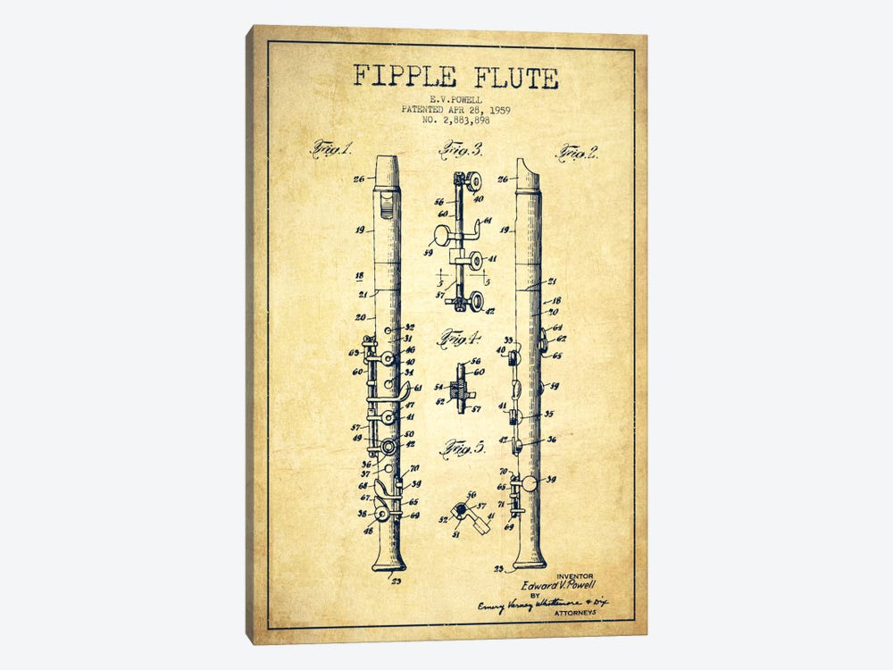 Fipple Flute Vintage Patent Blueprint by Aged Pixel 1-piece Art Print