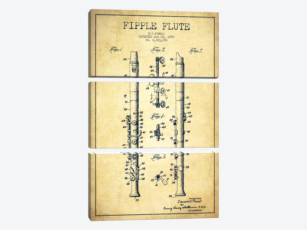 Fipple Flute Vintage Patent Blueprint by Aged Pixel 3-piece Canvas Art Print