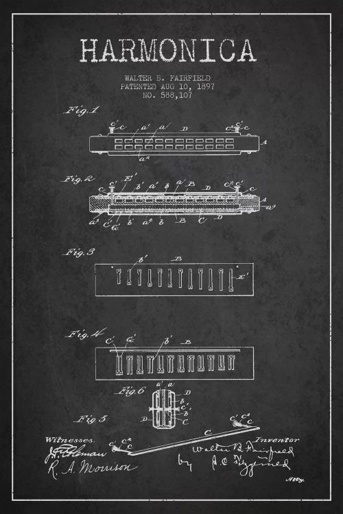 Harmonica Charcoal Patent Blueprint